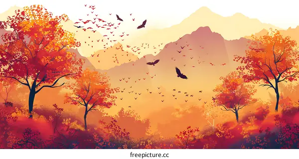 Autumn Forest Landscape With Birds Flying Over Mountains