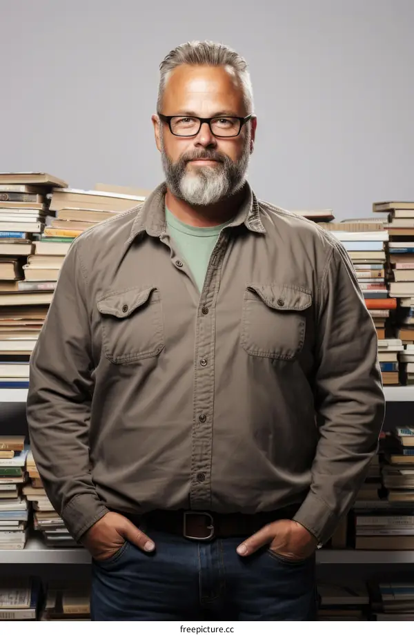 A Bearded Man Wearing Glasses is Standing in Front of a Bookshelf