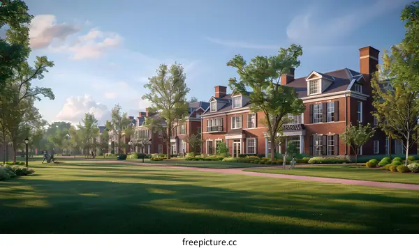 A tree-lined street with brick townhouses