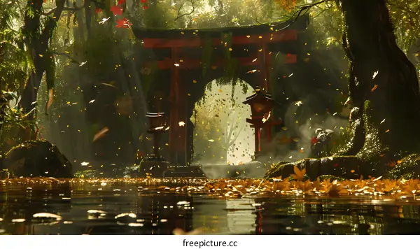Mystical Japanese Shrine in the middle of a foggy forest with a river in front of it