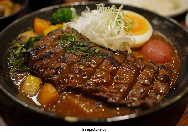 Japanese beef curry with egg and vegetables