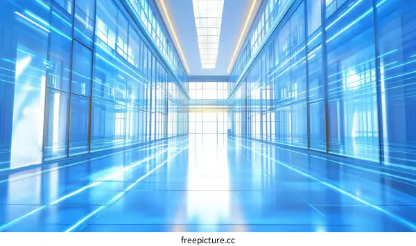 Modern Futuristic Office Corridor with Blue Light Lines