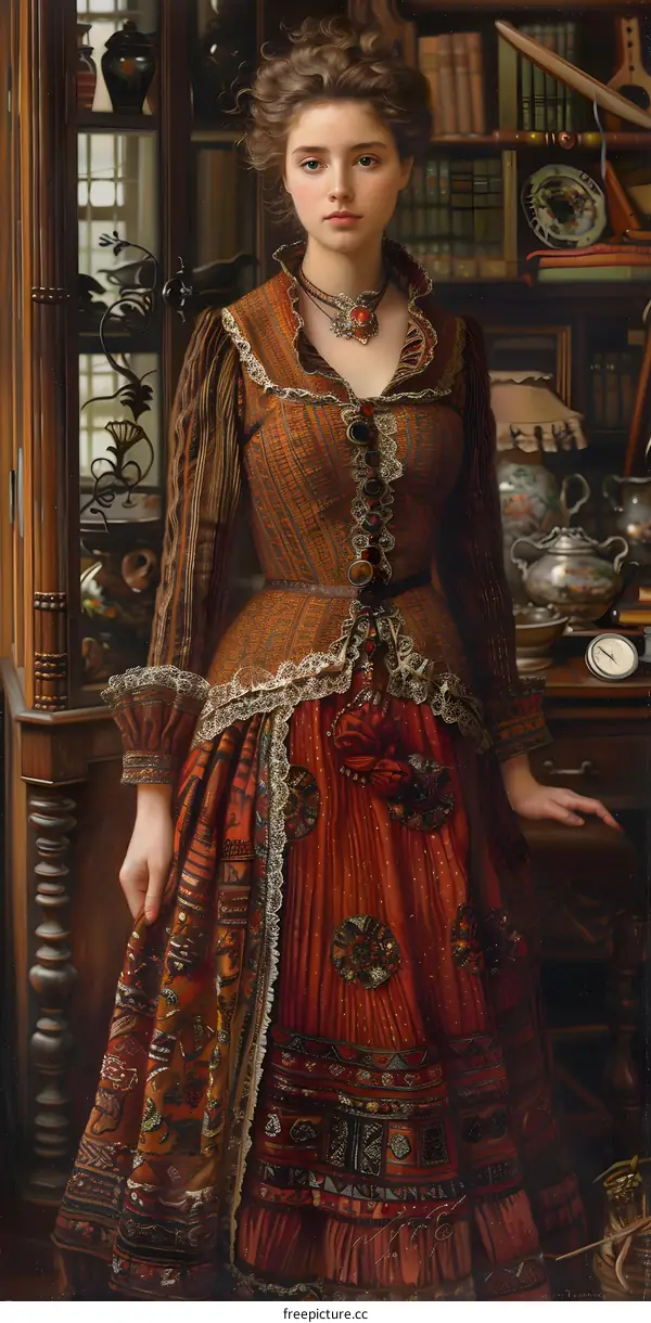 portrait of a young woman in a brown dress