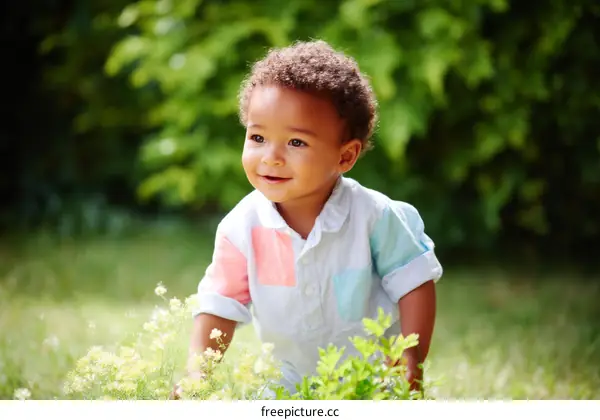Adorable African American Baby Exploring Nature