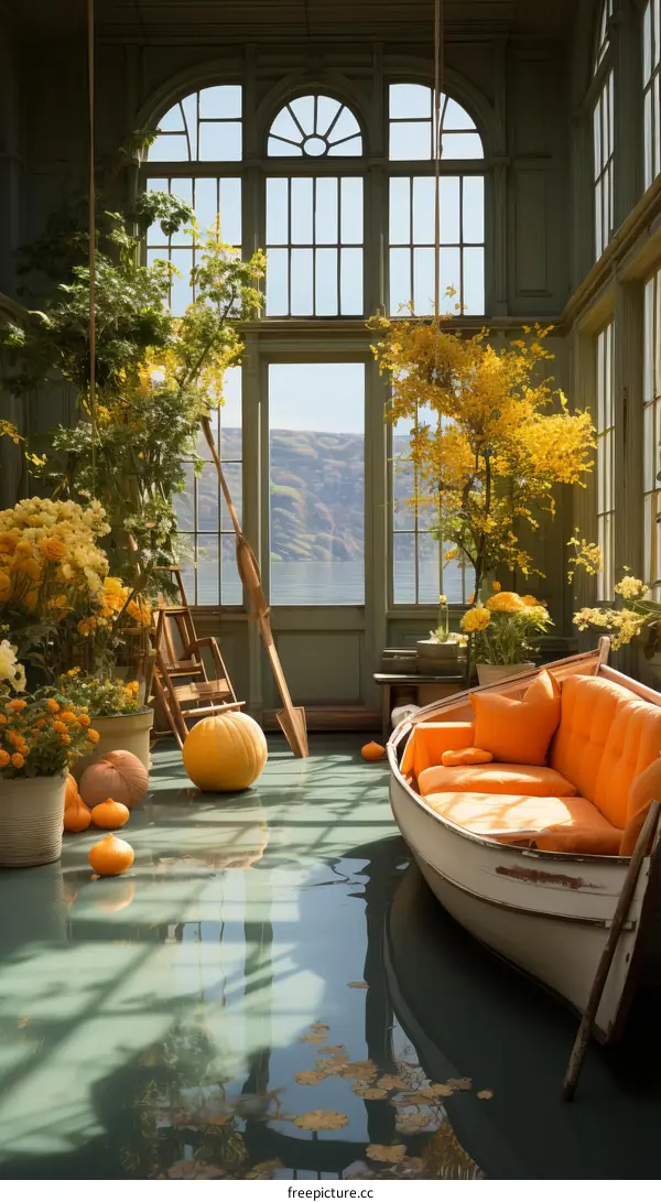 Flooded Greenhouse with Boat and Pumpkins