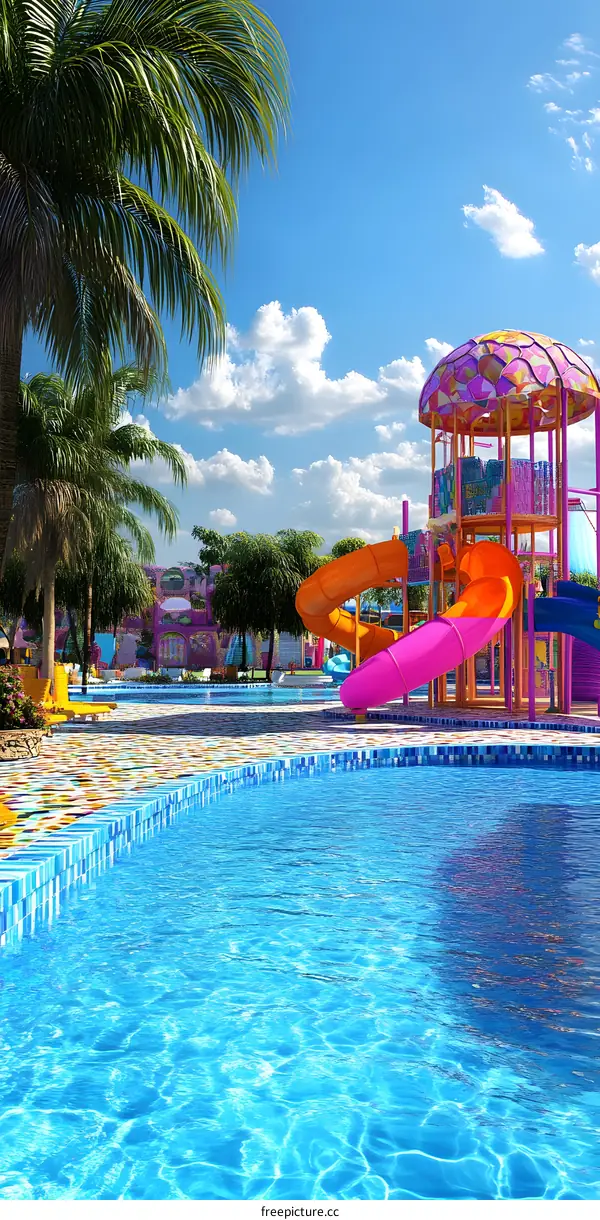 Water Park with Colorful Slides and Palm Trees