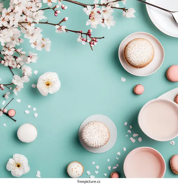 Flat Lay of Spring Flowers, Macarons, and Tea Cups on a Mint Background