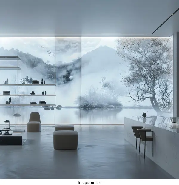 Zen Lake House Living Room With Minimalist Decor