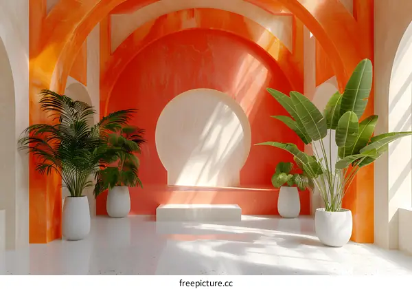 3d rendering of an empty room with a podium and plants