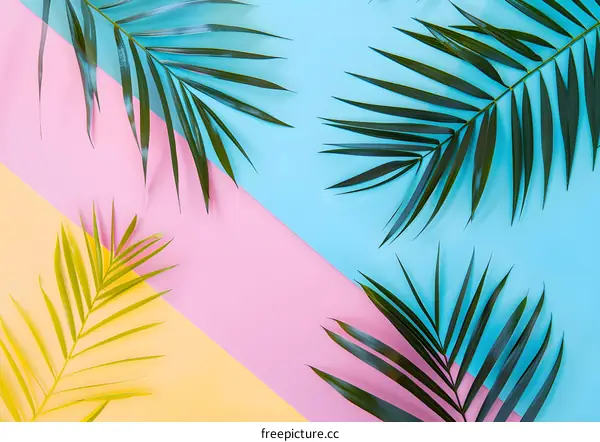 Tropical Palm Leaves on Colorful Background