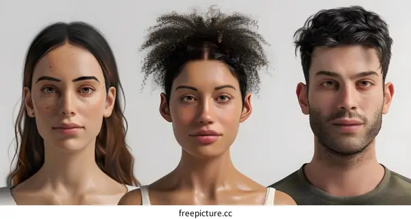 Three People Faces With Different Ethnicities and Hairstyles