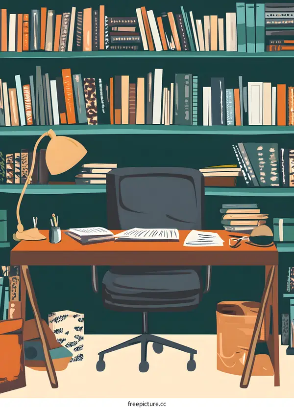Home Office Illustration With Bookshelf And Desk