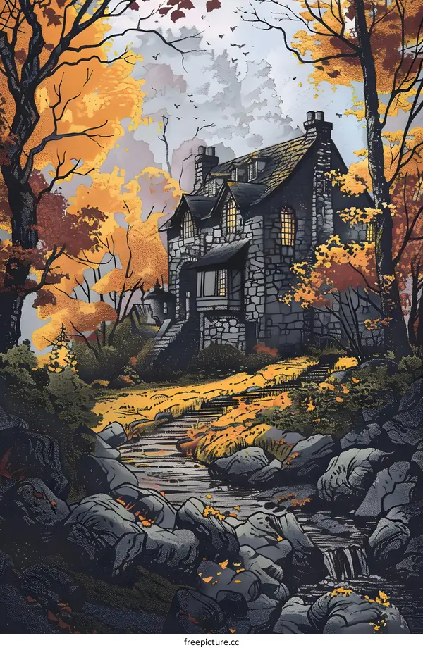 Stone House in Autumn Forest