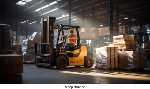 A warehouse worker operates a forklift in a warehouse.
