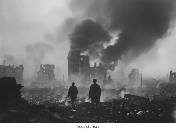Two soldiers walking through a destroyed city during World War II