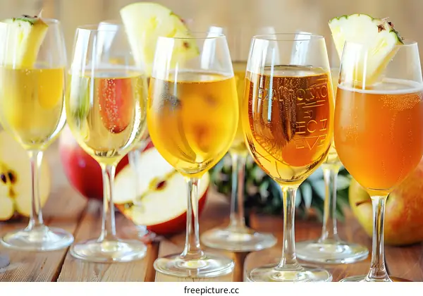 Close Up of Glasses of Sparkling Cider with Apple and Pineapple Slices
