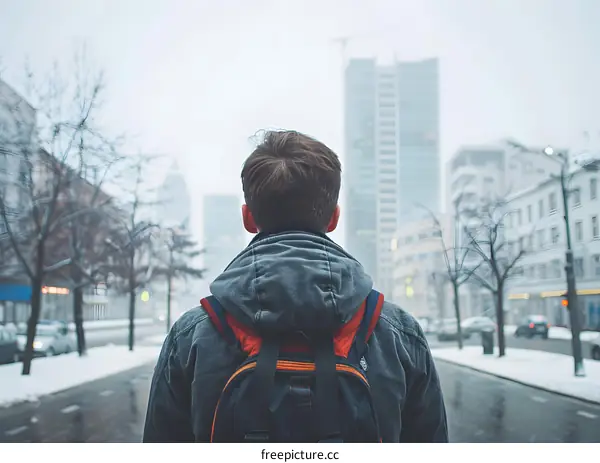 Man With Backpack Walking on Snowy City Street