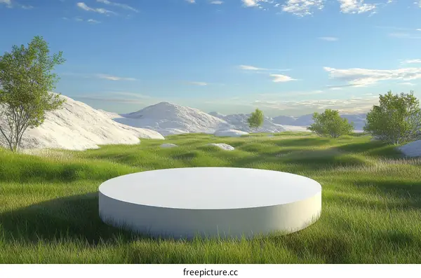 Empty White Platform in Green Meadow with Snowy Mountains