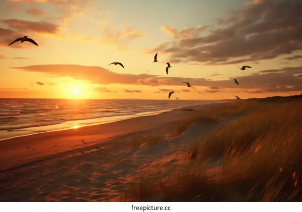 Sunset Over the Ocean with Flying Birds
