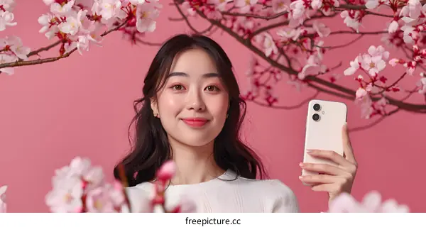 Smiling Asian Woman Holding Smartphone With Cherry Blossoms