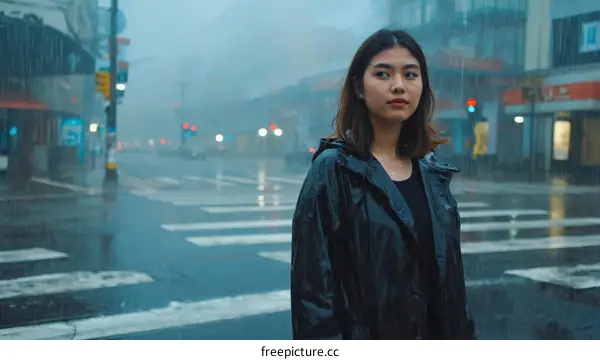 Rainy City Street Scene with Asian Woman