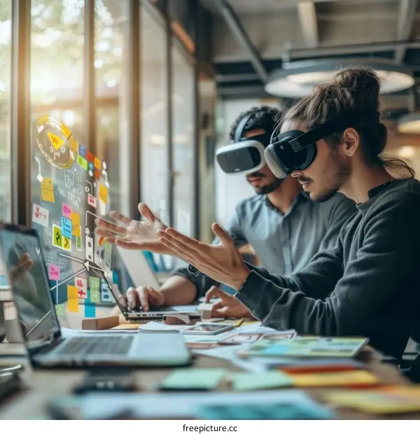 Two software engineers wearing virtual reality headsets work on a project together