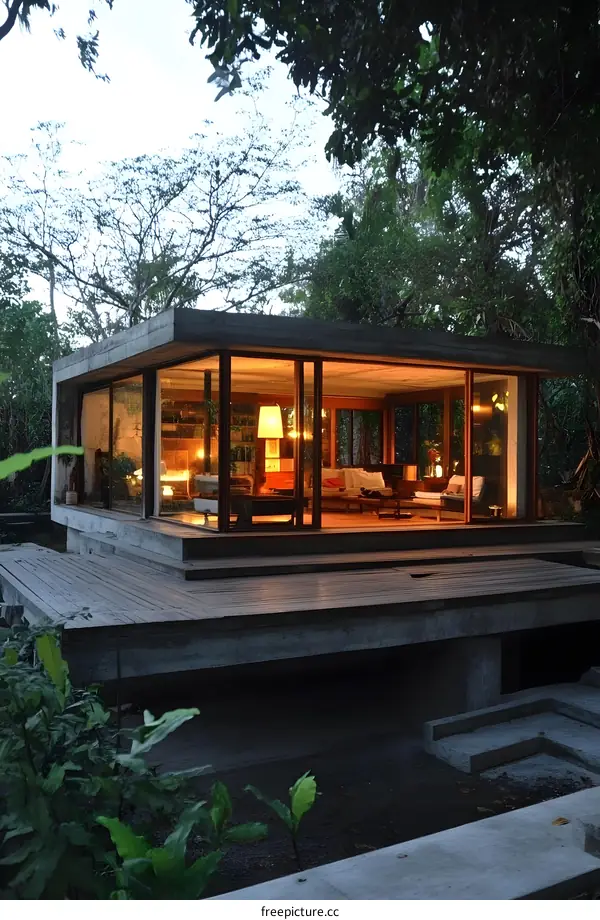 Modern Concrete House With Large Windows And Wooden Deck