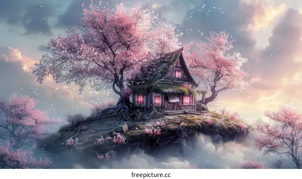 Fantasy Tree House in the Sky with Pink Blossoms