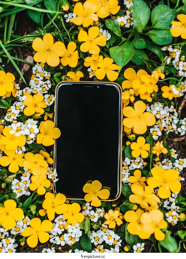Smartphone on a bed of yellow flowers