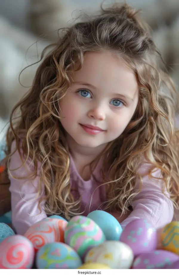 Smiling Little Girl with Curly Hair Holding Easter Eggs