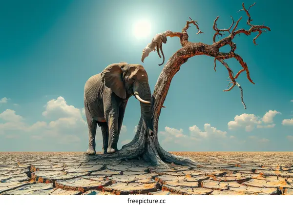 Lone Elephant in a Cracked Desert Landscape