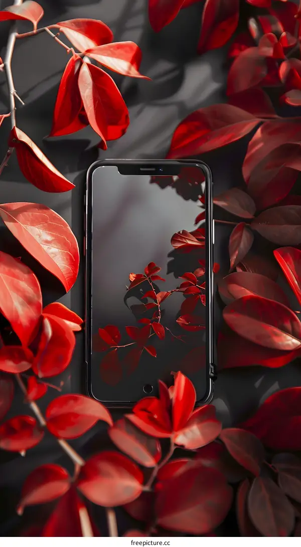 Red Leaves Surrounding Smartphone