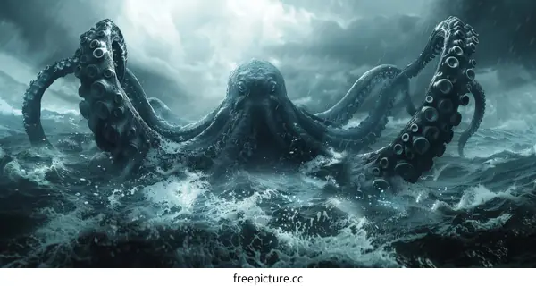 Kraken: Giant Octopus Rising from Stormy Sea