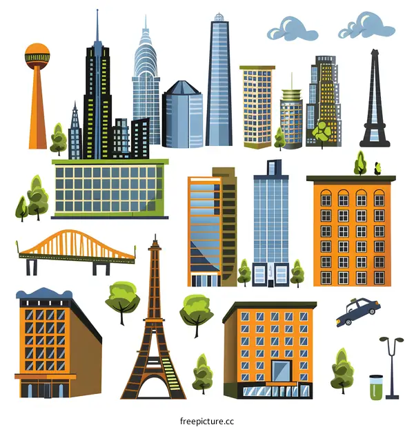 Cityscape Illustration with Buildings, Bridge, and Eiffel Tower