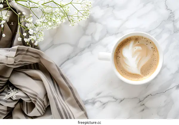 Cup of Coffee on Marble Surface with White Flowers