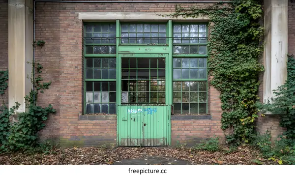Green Door with Ivy Covered Brick Wall