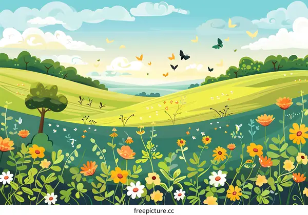 Beautiful Spring Landscape Illustration with Flowers and Butterflies