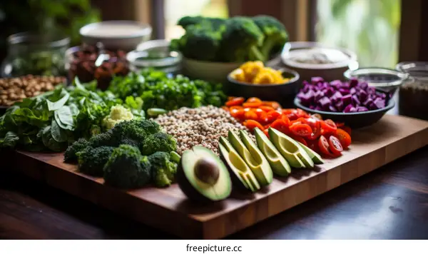 Fresh and healthy ingredients for a salad with avocado, broccoli, tomatoes, and quinoa