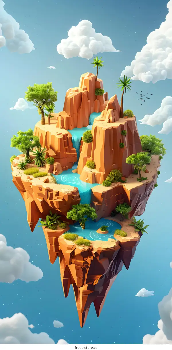 A floating island with a waterfall and palm trees