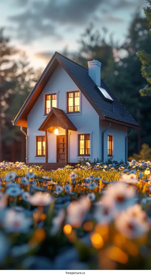Small house in the middle of a flower field