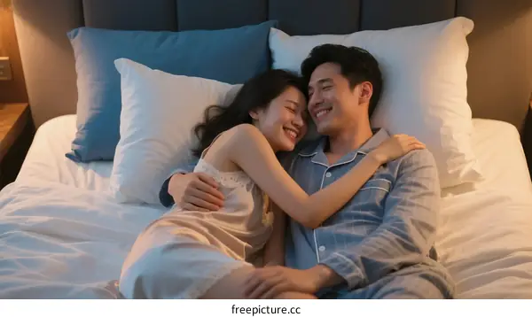 A couple lying on the bed showing affection and happiness
