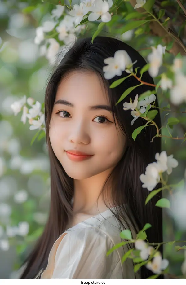 Portrait of a Young Asian Woman with Flowers