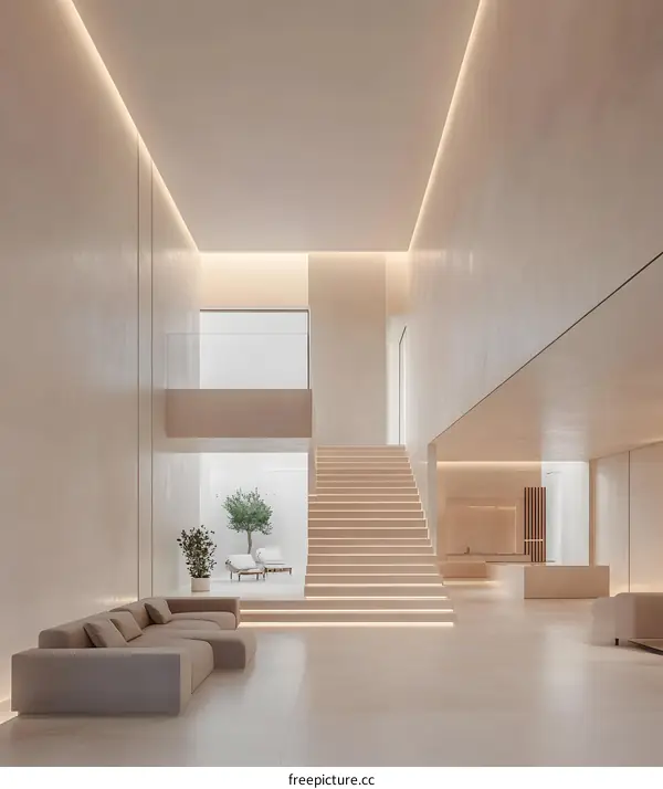 Modern Minimalist Interior Design with Beige Walls and Stairs
