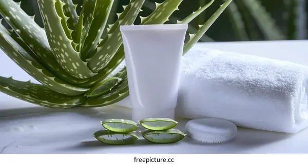 Aloe Vera Plant With Cream Tube and Towel on White Background