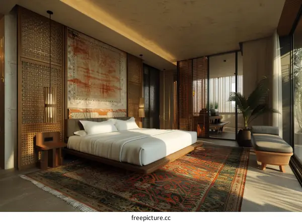 Modern Minimalist Bedroom Interior Design With Wooden Elements and a Natural Tapestry