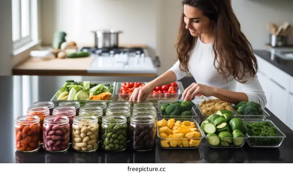 A woman organizing her pantry full of healthy food.