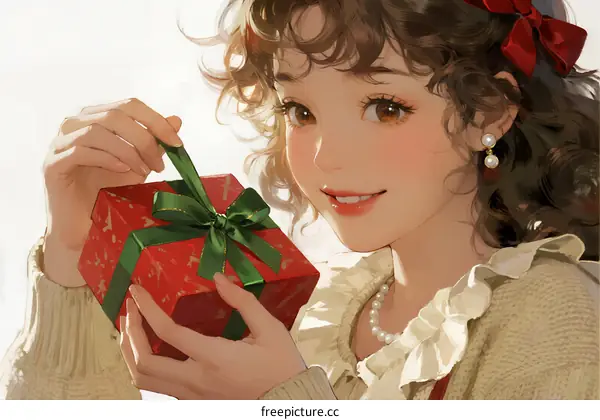 A Young Curly Haired Girl Holding a Red Gift Box with Green Ribbon