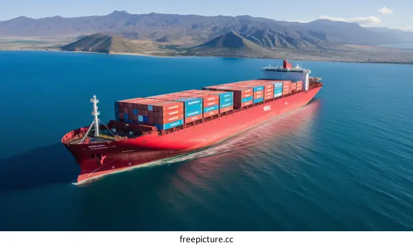 A large container ship sails through the ocean