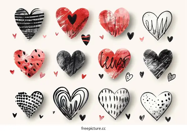 A set of hand drawn hearts in various styles