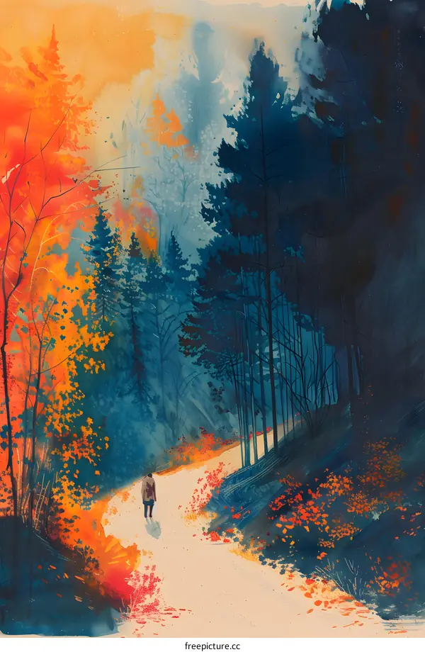 A Single Figure Walking Along a Path in a Colorful Autumn Forest